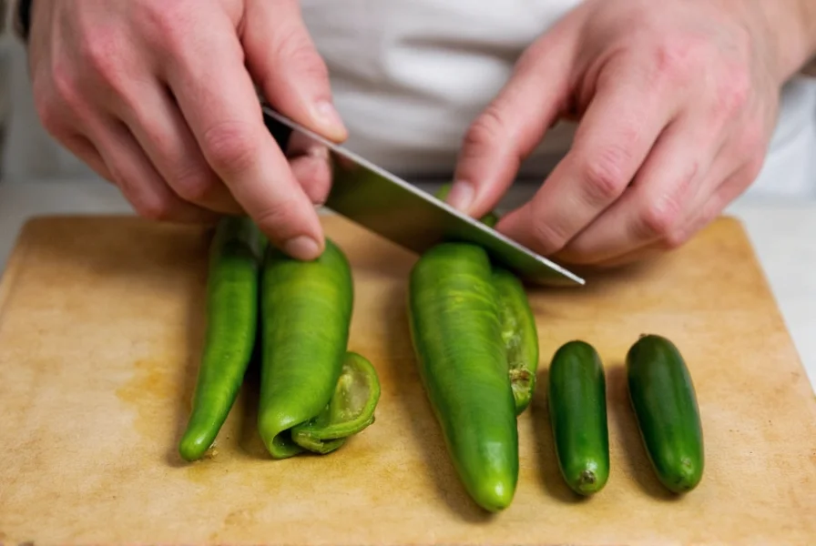Chef preparing fresh serrano and jalapeño peppers side by side on cutting board
