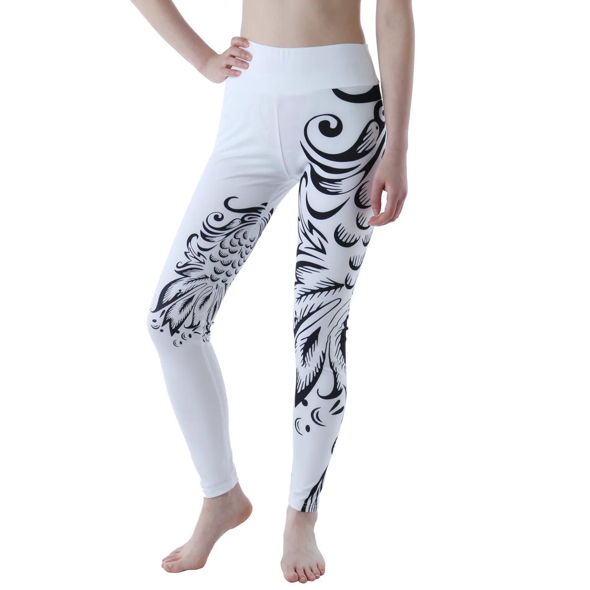 

Women's new self-printed high waist high elastic yoga black and white totem bottoming cropped pants, Blue(other 7 colors available