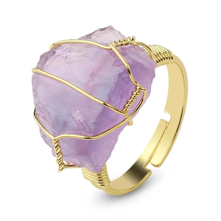 

Simple personality all-match open jewelry natural amethyst gold-plated winding natural stones rings, As pictures