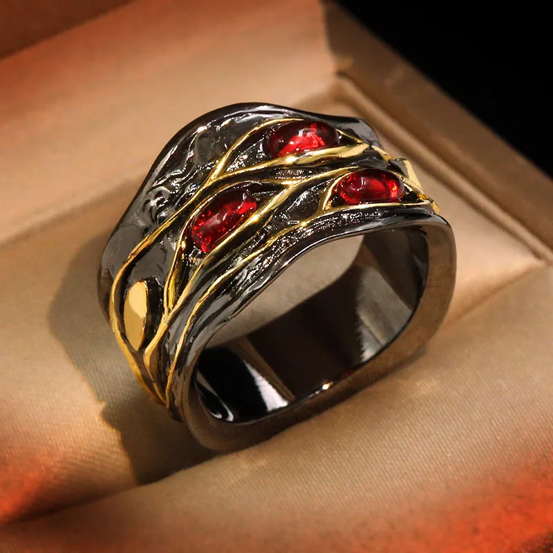 

French Retro Romantic Palace Style Garnet Stone Ring Russian Black Gold Two-tone Craftsmanship Handmade Ruby Gemstone Jewelry, Red