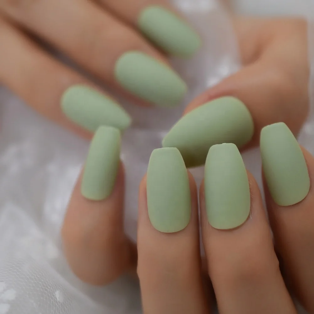 

Light Green Coffin False Nail Tips Matte Pure Color Daily Ballerina Nails Design Full Cover Press On Nail Tip L5524