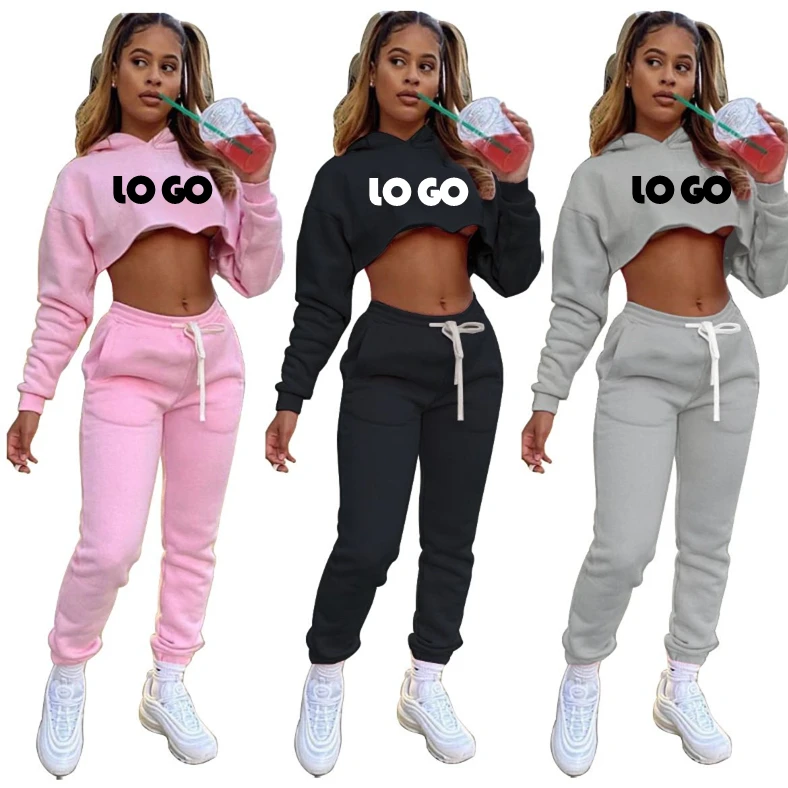 

Hot sale sweatpants and crop top hoodie set women custom logo womens sweatsuit high quality 2 piece tracksuit set