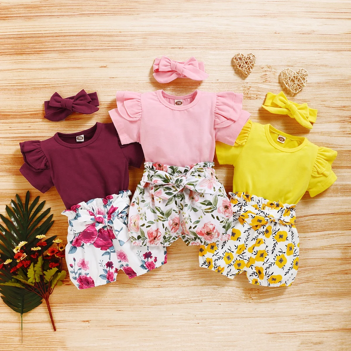 

Newborn Infant Baby Girls Kids Summer Cute Clothes 3PCS Ruffles Sleeve Solid Romper Tops+Flowers Shorts+Headband, As picture