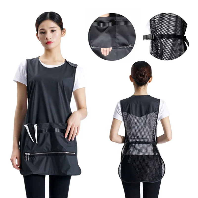 

Hair Stylist Barber Capes And Beauty Salon hairdresser Smocks Jackets Wholesale Leather Cut Off Resist Mesh Barber Vest Apron, Black/ customized