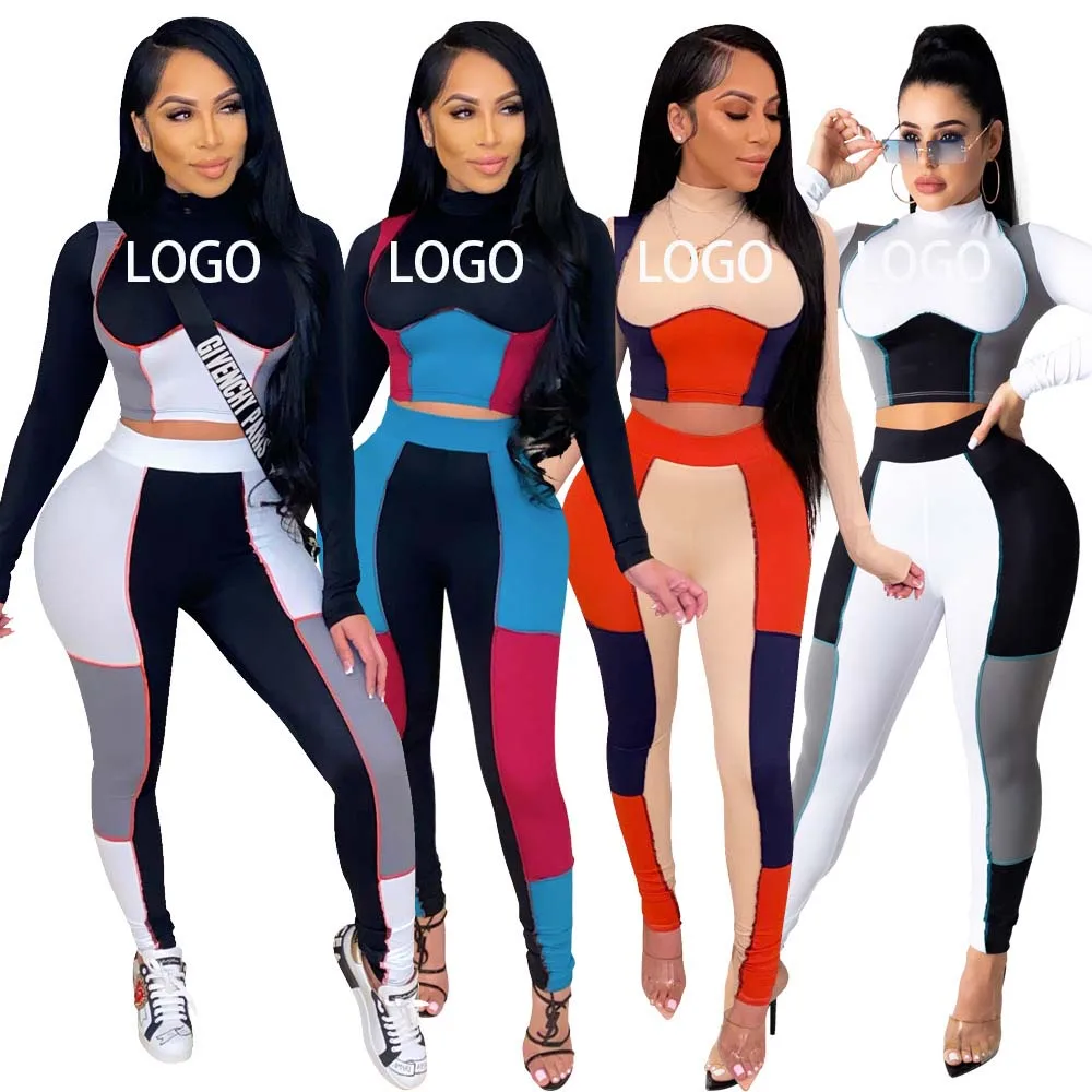 

Wholesale Ladies Bodycon Color Block Sexy Long Sleeve Crop Top Tight Legging 2 Two Piece Pants Set Vendors Clothing For Woman, Picture