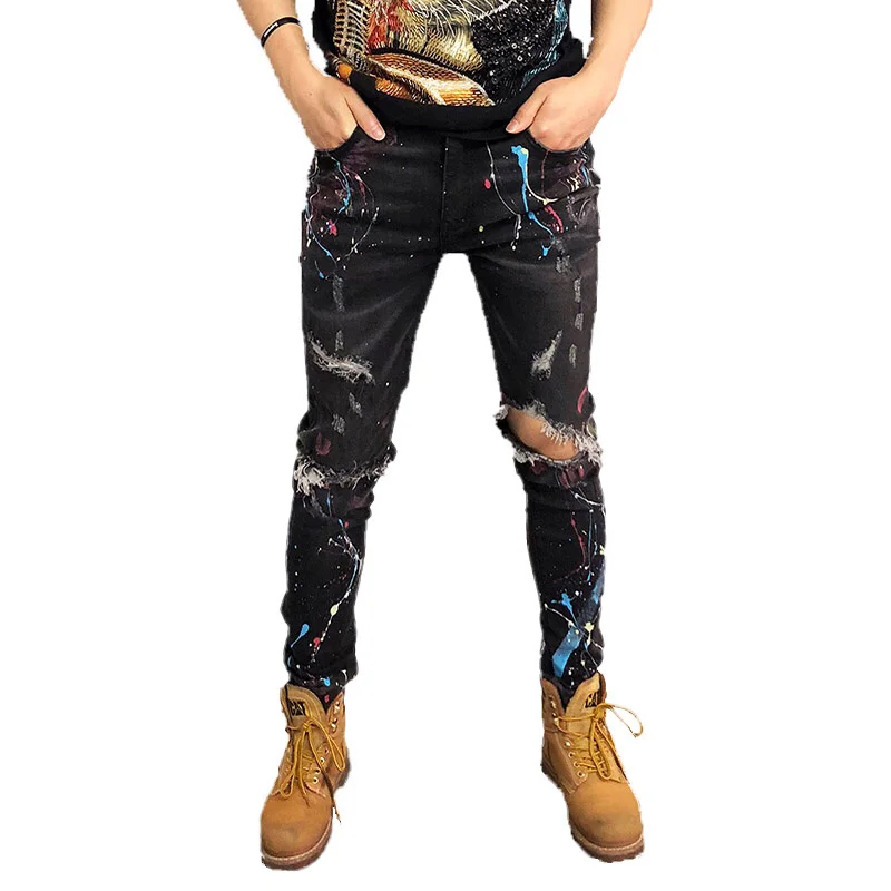 

HUNTW factory direct sale stretch zipper jeans men black ripped jeans, Customized color