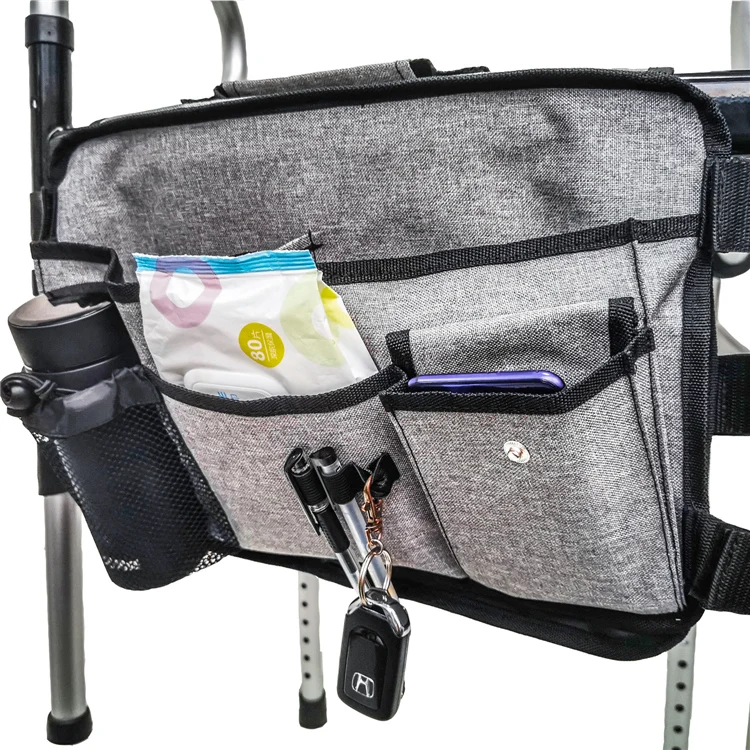 

Hands Free Folding Multi Pockets Hanging Double-Sided Walker Rollator Scooter Organizer Bag with Cup Holder