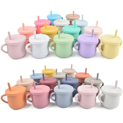 

Custom Silicone Cupping Mugs Baby Drink Water Training Cups With Lids And Straws Sippy Portable Reusable For Toddler Kids, Multicolor