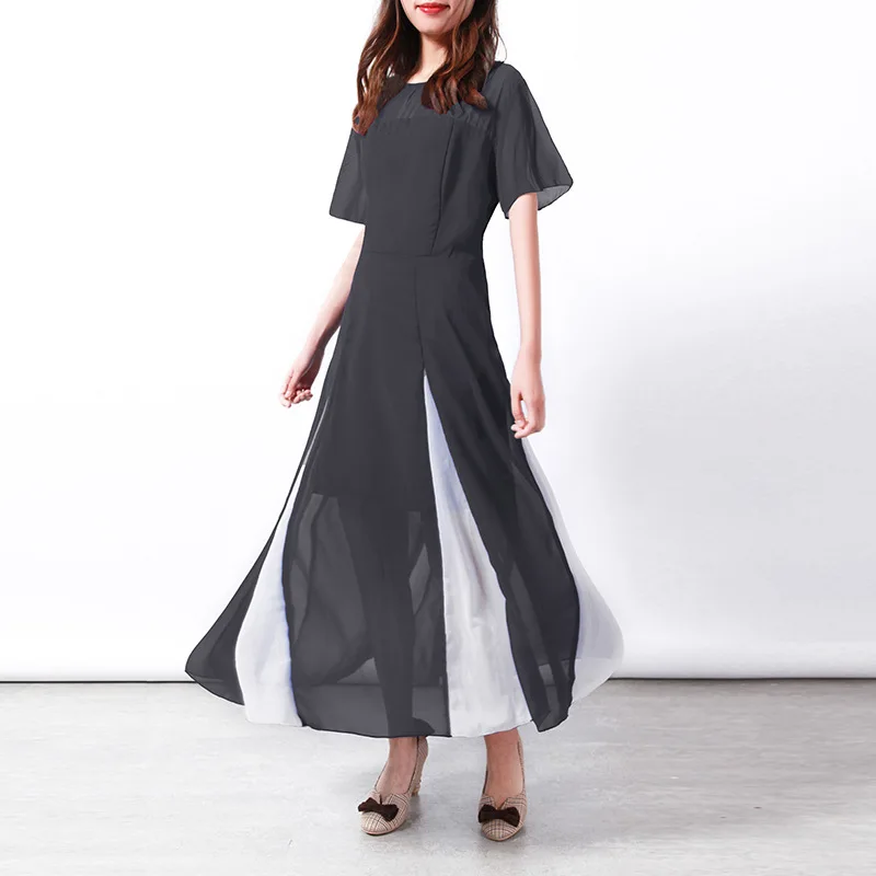 

WW-0491 Round Collar Short Sleeve Bat Waist Chiffon Dresses Color Matching Of The Chiffon Dress Lady Elegant Dress Summer Casual, As your request