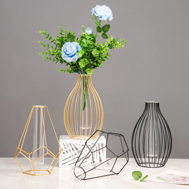 

Home decore transparent plant flower hydroponic table ornaments glass vase with metal stand for home decor