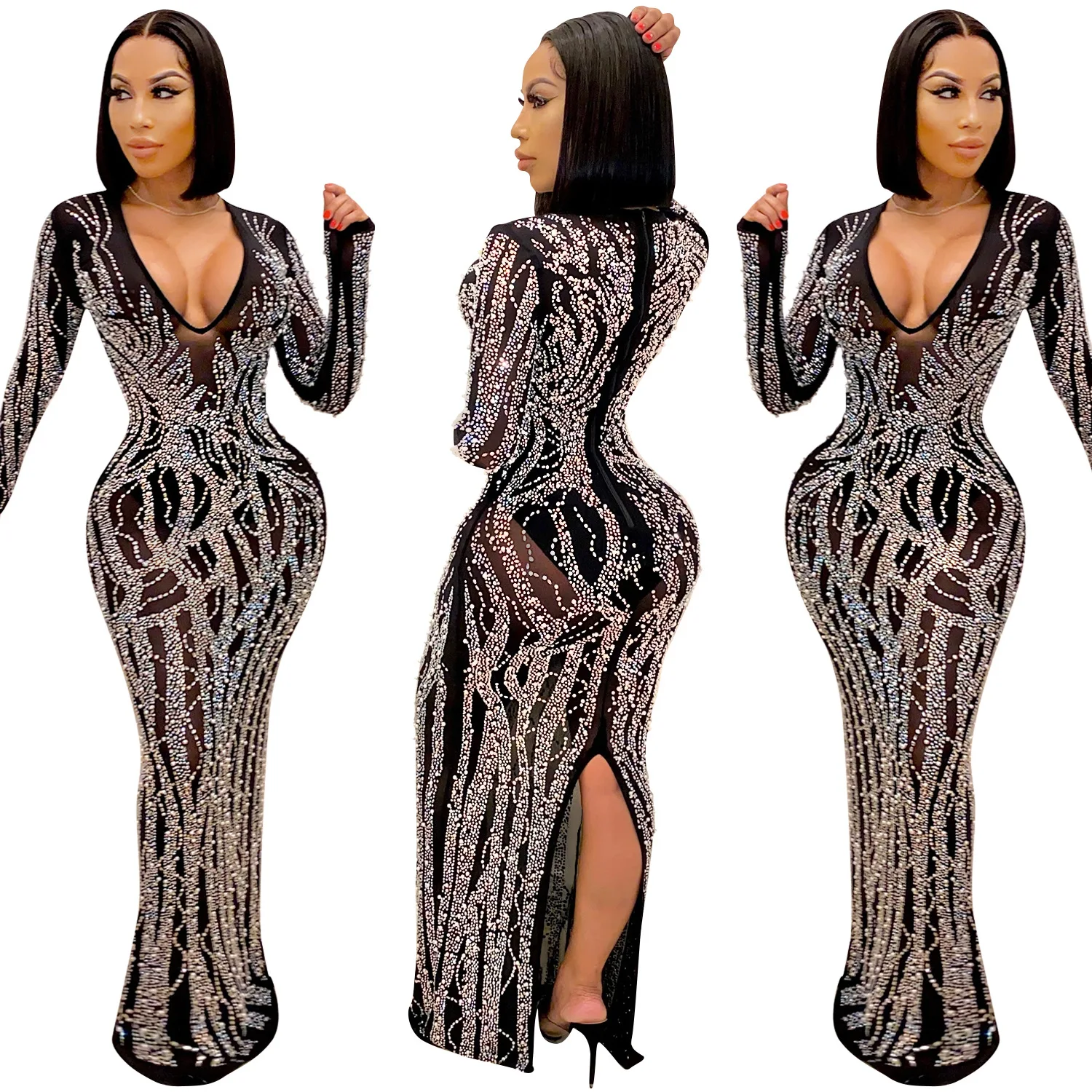 

J9195 Plus Size Women elegant casual evening dresses sexy crystal tulle dress Lady bling bling long sleeve prom split dress