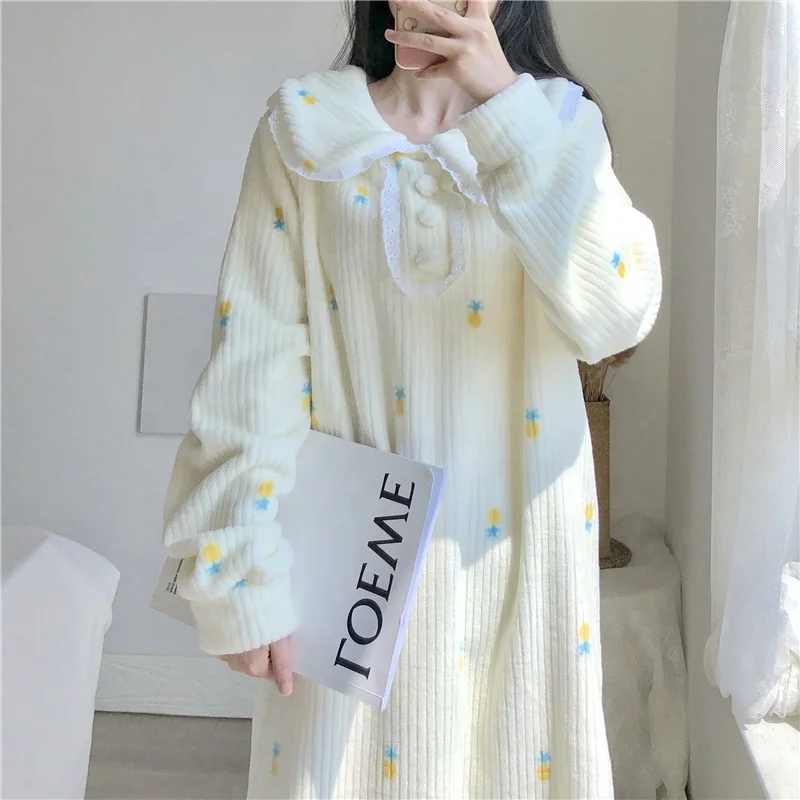 

2020 Hot Sale winter Pineapple pattern plush nightdress long pajamas cute home sleepwear, As picture or customized make