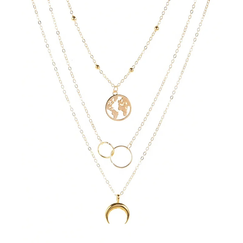 

Creative necklace joker simple multi-layer Bohemian wind star moon World Earth Map Tellurion alloy neckchain pendant necklace