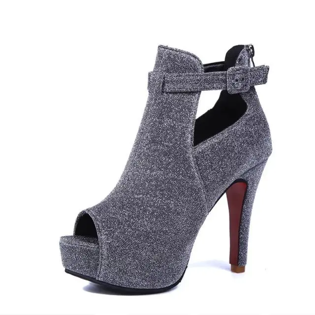 

ISEEYOUFIRST New Waterproof Platform Stiletto Sandals Fish Mouth Hollow High Heel sandals women's one-word Buckle Mid-cut shoes