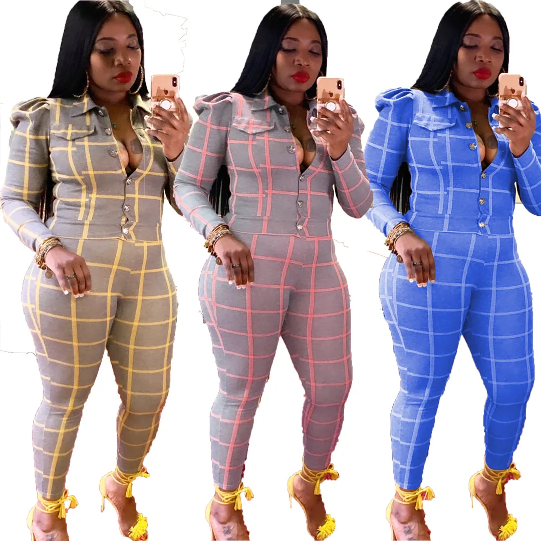 

FM-B3103 Newest Long Sleeve Plaid Women Jackets fall Sets Plaid Pants Outfits Women Two Pieces Sets, As pictures