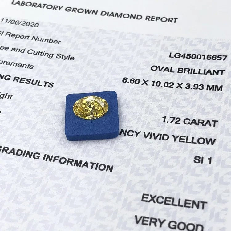 

Synthetic HPHT fancy vivid yellow lab grown loose diamond 1.72ct SI1 OVAL cut IGI certified