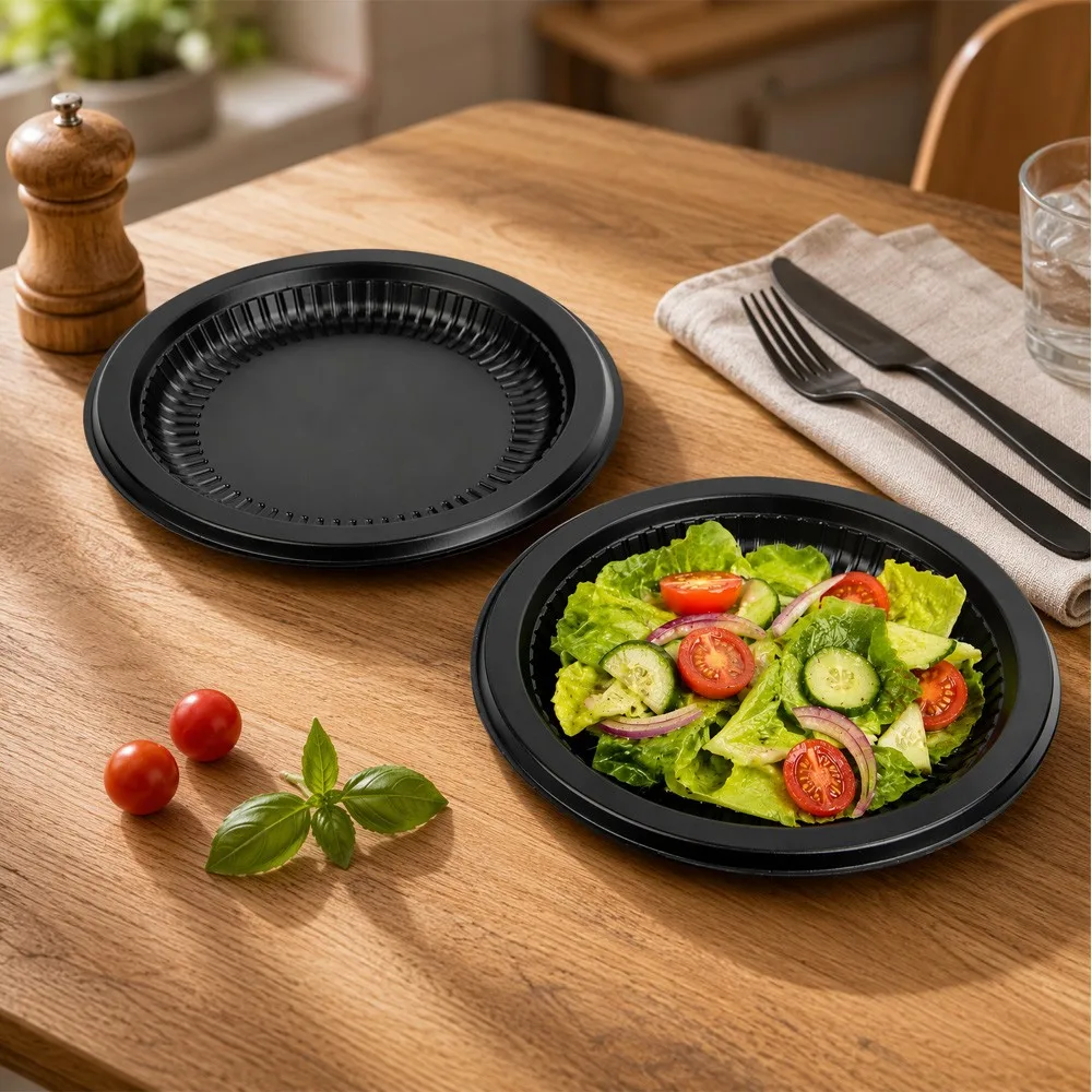 Restaurant table setting with 9-inch black PP plate and fresh salad — real-world hospitality use case