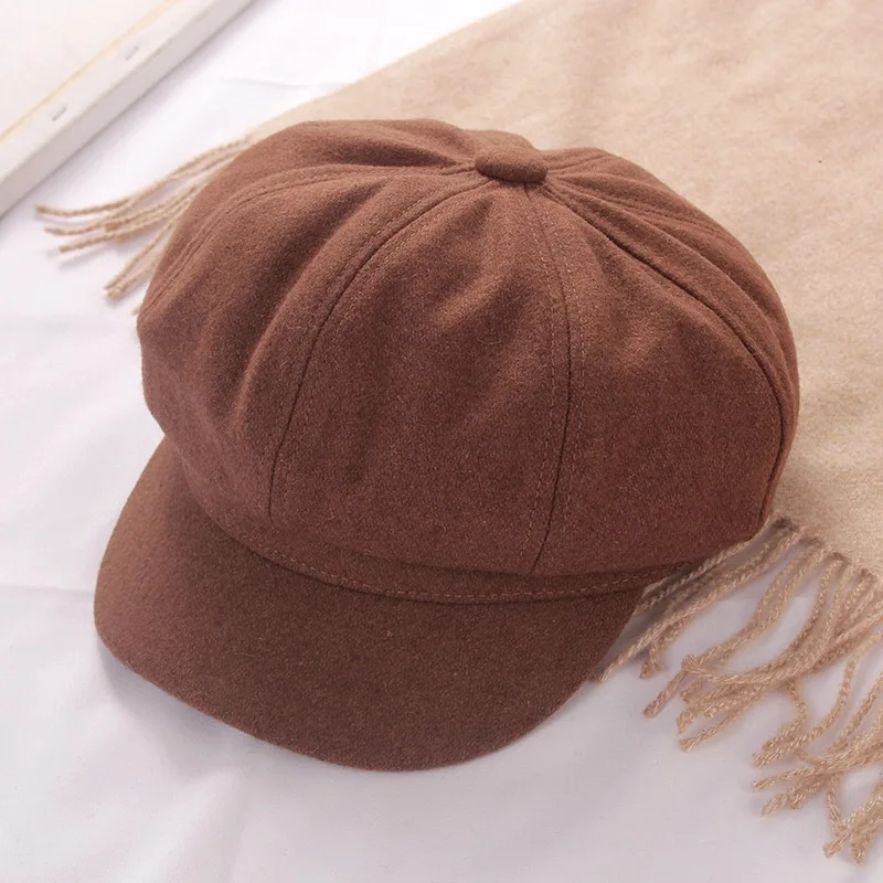 

Beret Lady Winter British Painter Style Cap Retro Design Solid Color Wool Felt Octagon Hat