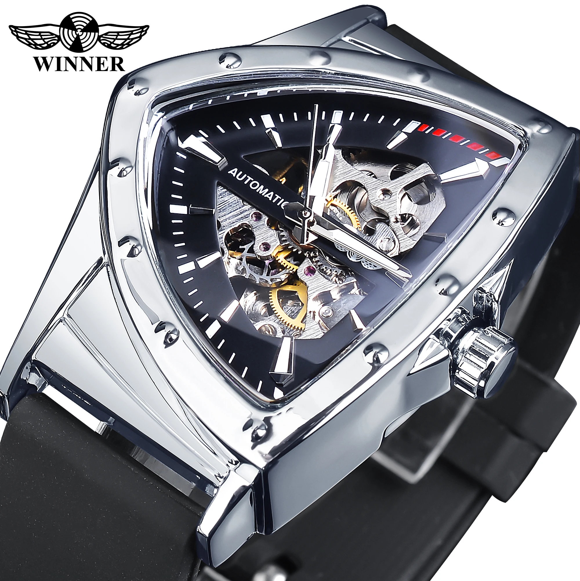 WINNER Sport Style Men's Watches Transparent Mechanical Watch Triangle Automatic   With Luminous Pointers
