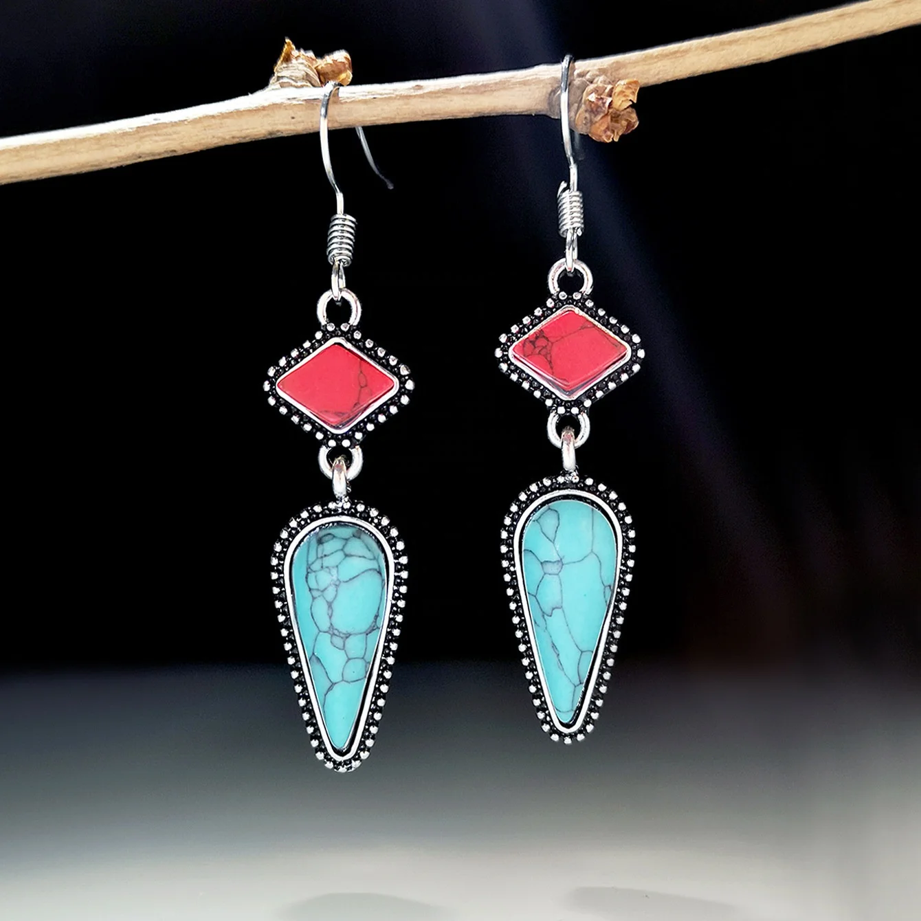 

Creative Gorgeous Navajo Stunning Lightweight Turquoise Red Dangle Earrings Teardrop Dangle Earrings