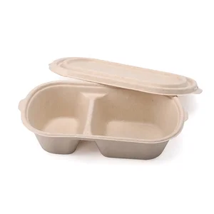 China Manufacturer Sugarcane Bagasse 2-Compartment Biodegradable Take Away Disposable Food Box