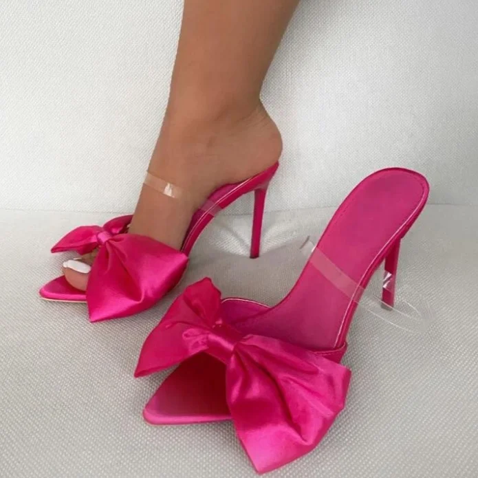 

Fashion Solid Big Bow-knot Band Thin High Heel Cheap Women Sandals Open Pointed Toe Slip-on Summer Slides Shoes For Ladies Pumps, Black,green,pink,orange