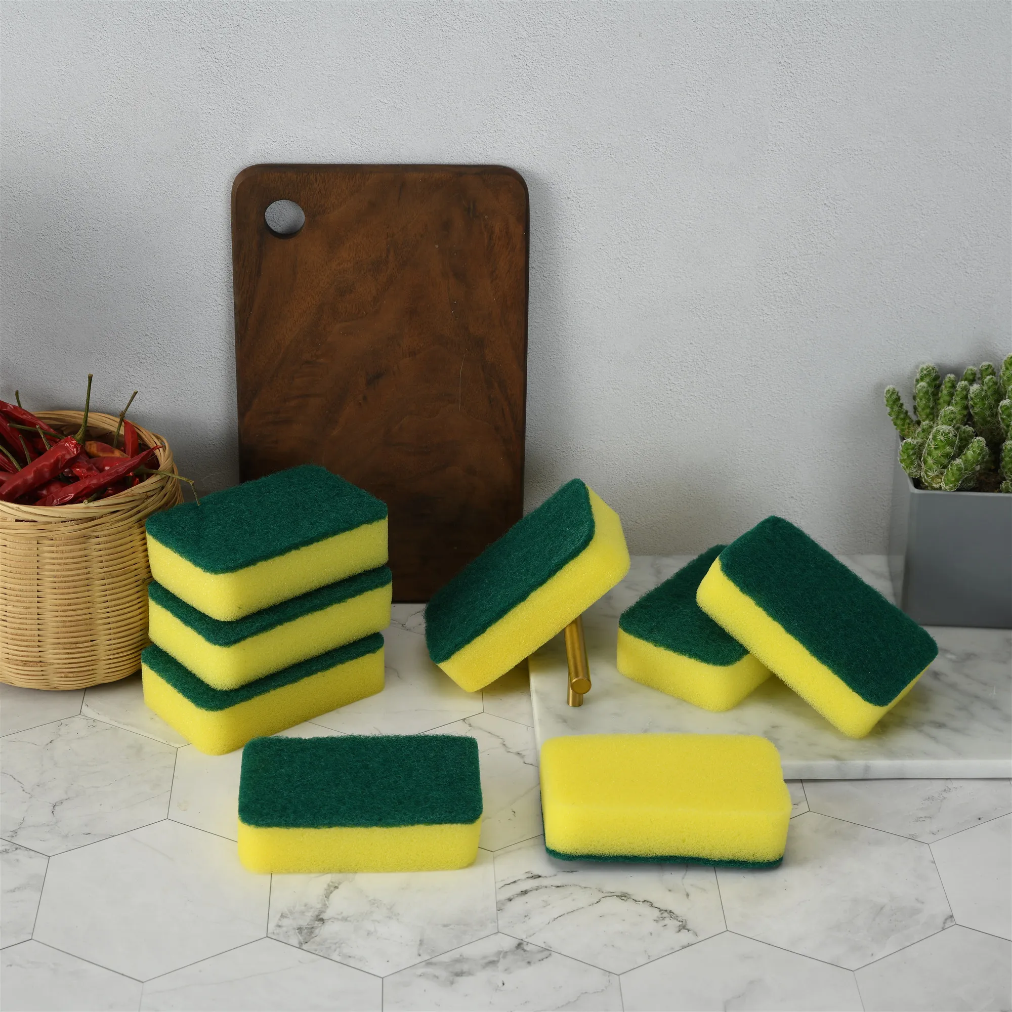 

Factory Kitchen Scrub Brush Dish Cleaning Sponges and Sourcing Pads, Green+yellow