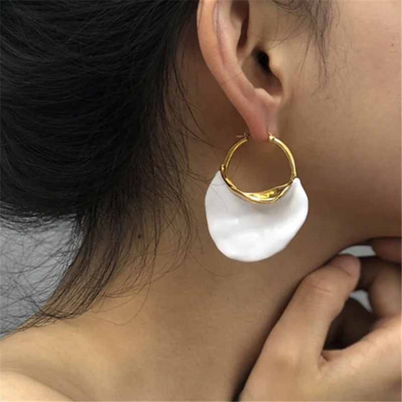

Boho Statement Oversized Golden Round Circle Enamel White Wafer Dangle Hoop Earrings Jewelry