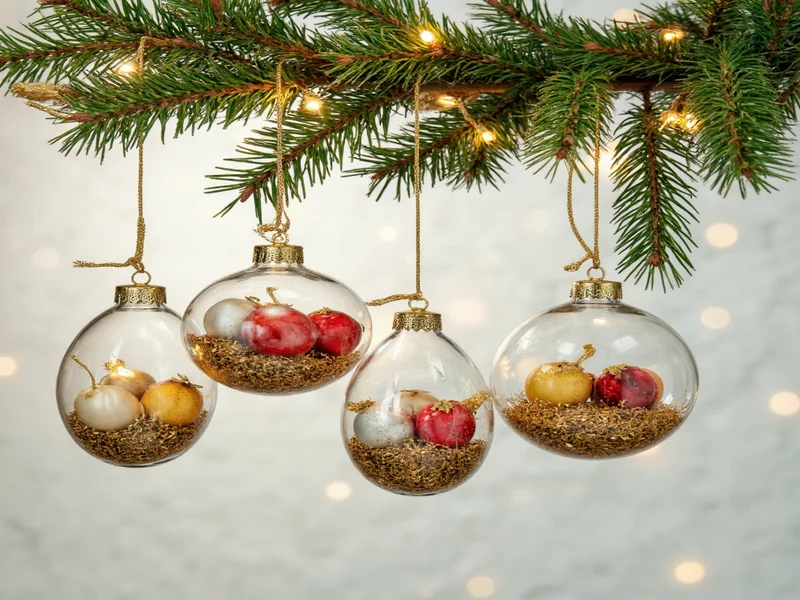 Clear ornaments displaying seasonal variations with different fillings