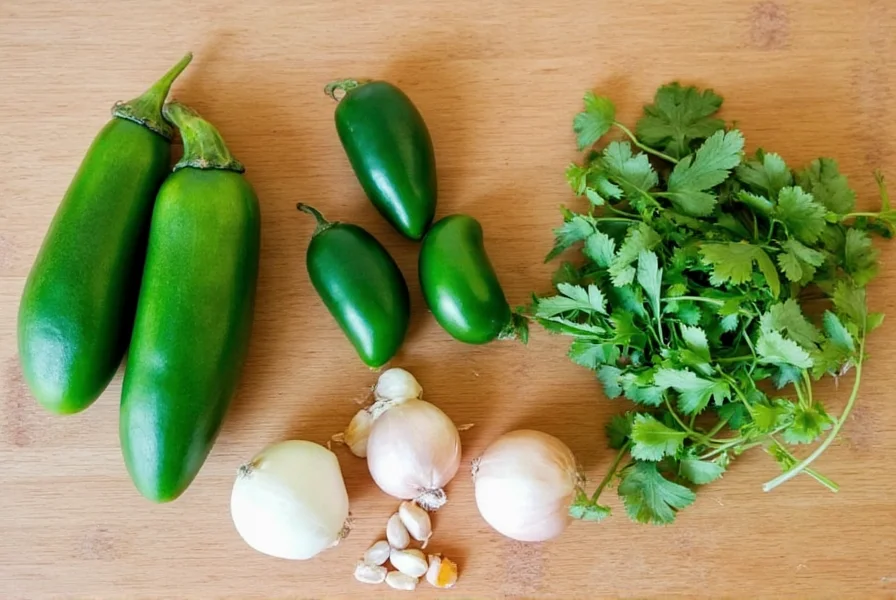 Fresh ingredients for homemade chicken green chili recipe arranged on wooden table: poblanos, jalapeños, tomatillos, onions, garlic, and cilantro
