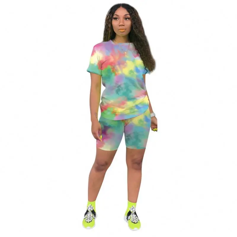 

2021 new arrivals Women's Sexy Suits tie-dyed two piece set short Jogging Tracksuit Pants Sets