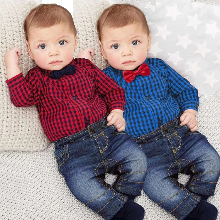 

Bulk fashion spring cotton newborn outfit cheap wholesale clothing kids plaid long sleeve shirt jeans boys baby clothes sets