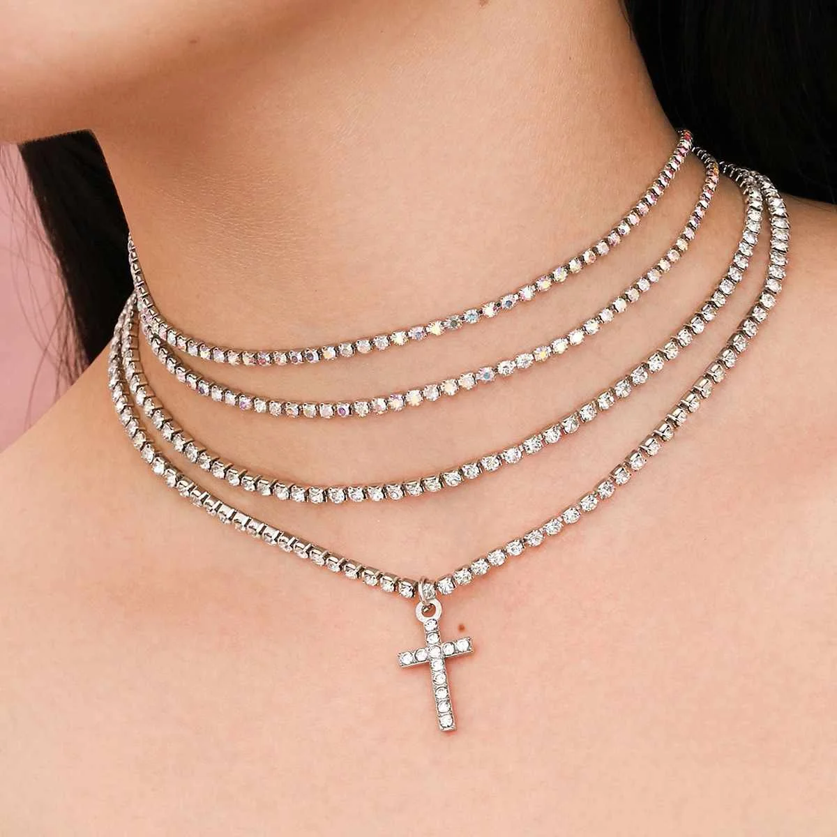 

Layered diamond Bling Bling Initial Cross Pendant Necklace Tennis Copper Chain Rhinestone AB Choker Necklace Jewelry