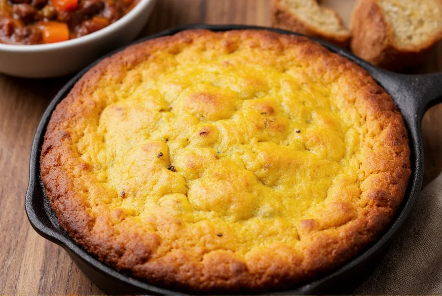 Perfect golden brown skillet cornbread with crispy edges served alongside a bowl of hearty beef chili