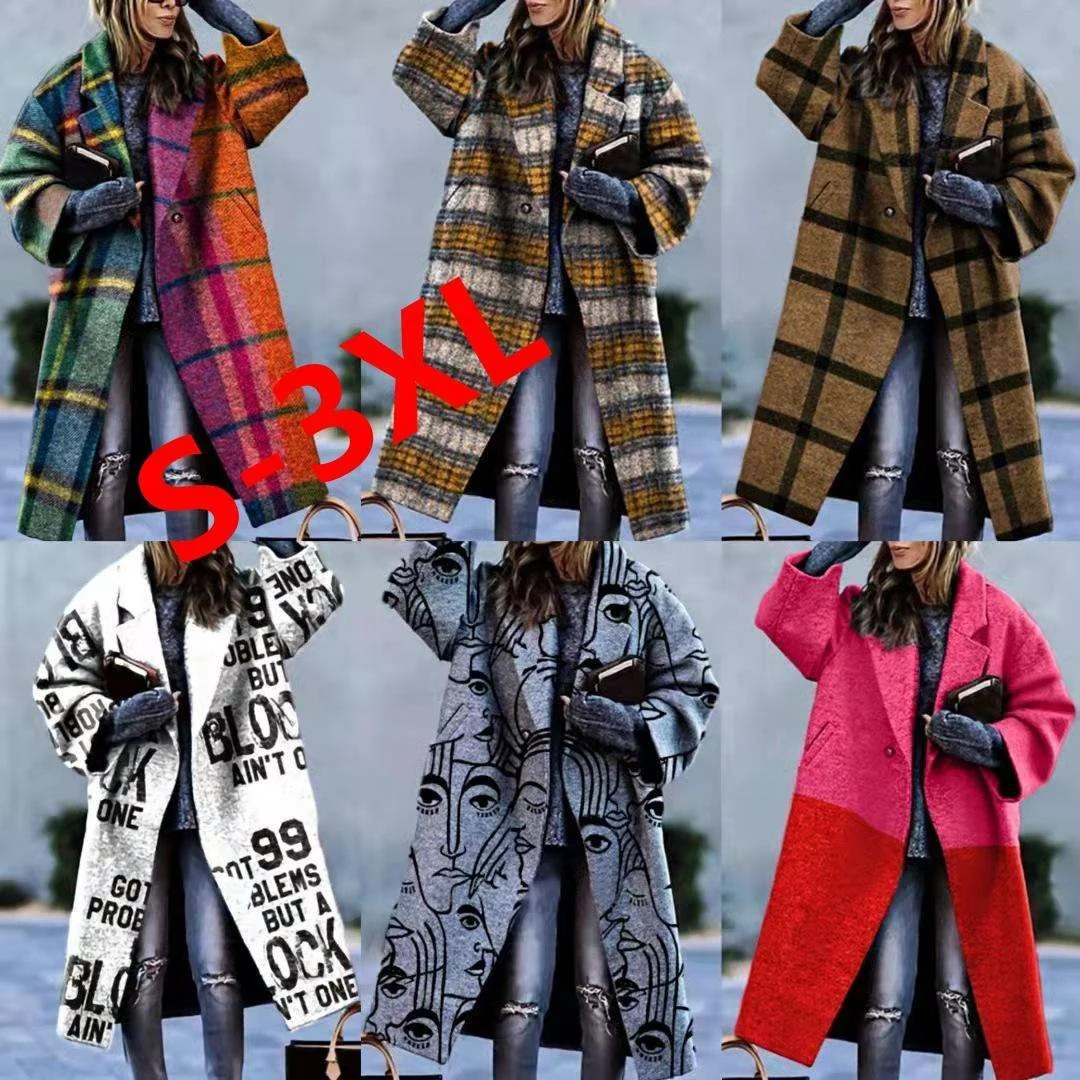 

Wholesale Fashion Printed Plaid Abrigos Para Mujeres Winter Warm Trench Wool Coat Turndown Long Coat For Women