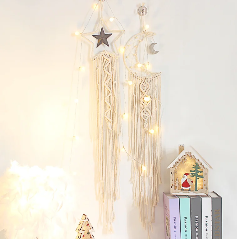 

New creative pure cotton Beige five pointed star moon hand woven dream catcher net home decoration wall hanging Girl Gift