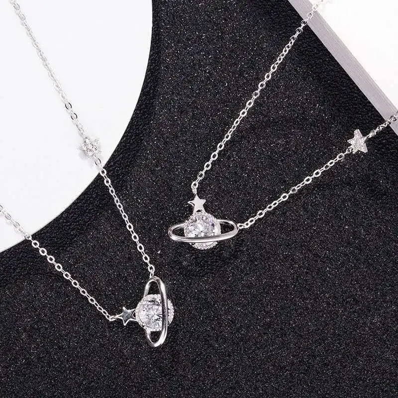 

Hot Selling Fashion White Gold Plated Silver Choker Ice Out Zircon Saturn Pendant Planet Necklace For Women