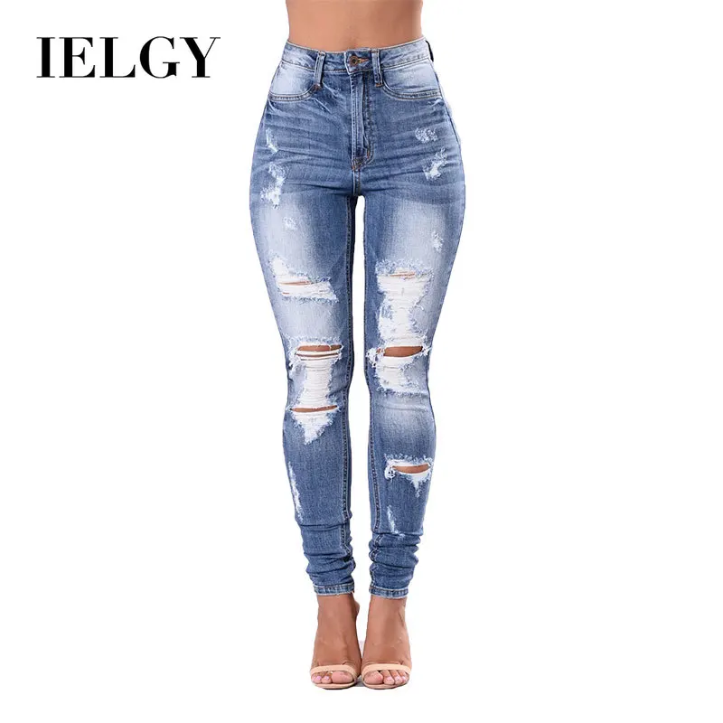 

IELGY Support OEM hot sale ebay amazon hot style plus size ripped pencil pants womens jeans high waist