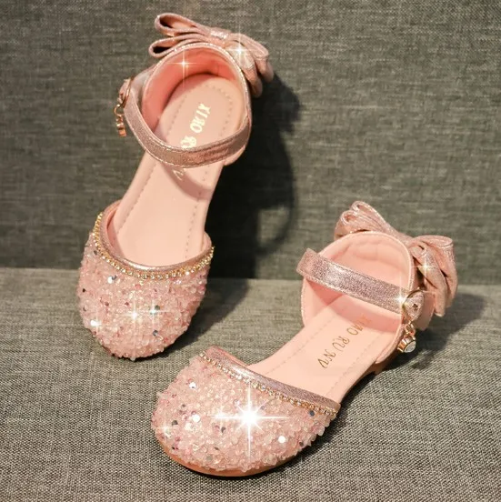 

Children Girls Princess Dress Shoes Shining Bow Design, Silver, pink