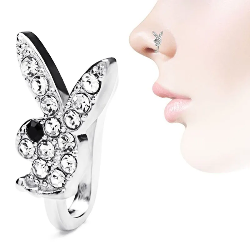 

Body Jewelry Cute Zircon Cuff Bunny Rabbit Non Piercing Clip On Fake Face Nose Ring, Silver /gold/rosegold color