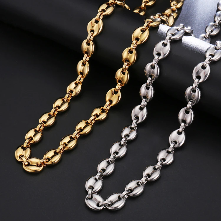 

Gold Men Design Stainless Steel Coffee Bean Link Chain Necklace, Gold/silver