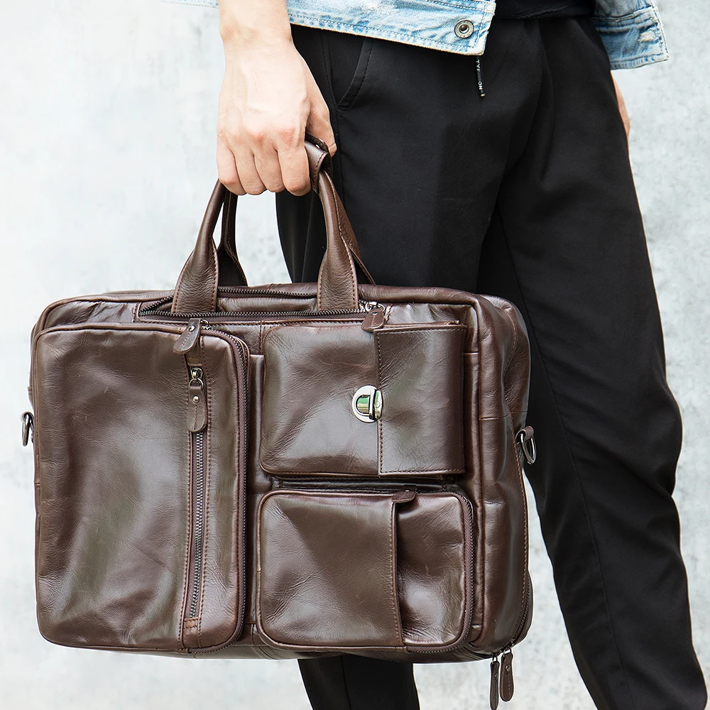 

Custom 7423 Multi-functional Genuine Leather Laptop Case Handbag Convertible Laptop Messenger Bag Briefcase for 17inch laptops, Coffee