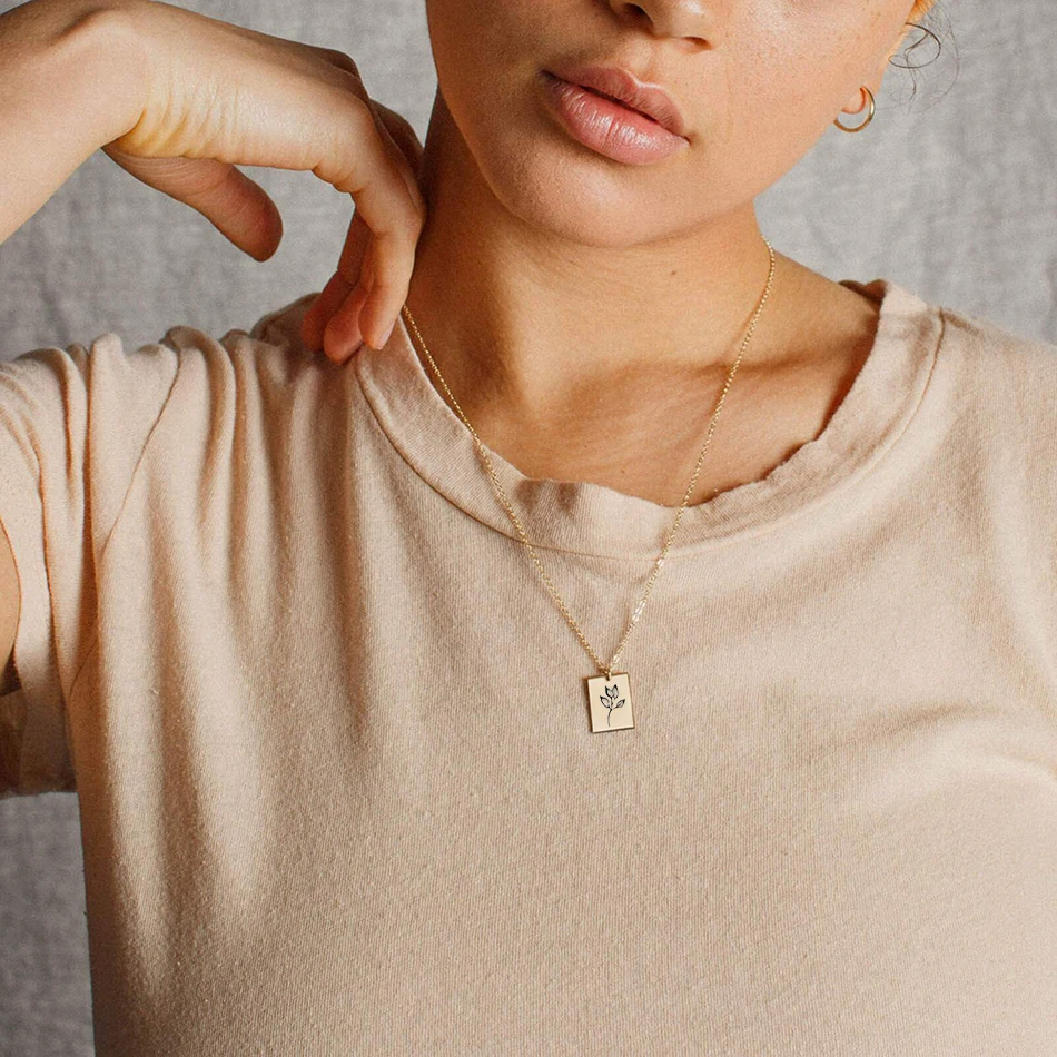 

JUJIE Fashion Choker Jewelry Custom Dainty Gold Plated 12 Birth Month Flower Plants Rectangle Square Pendant Necklaces, Silver/gold/rose gold