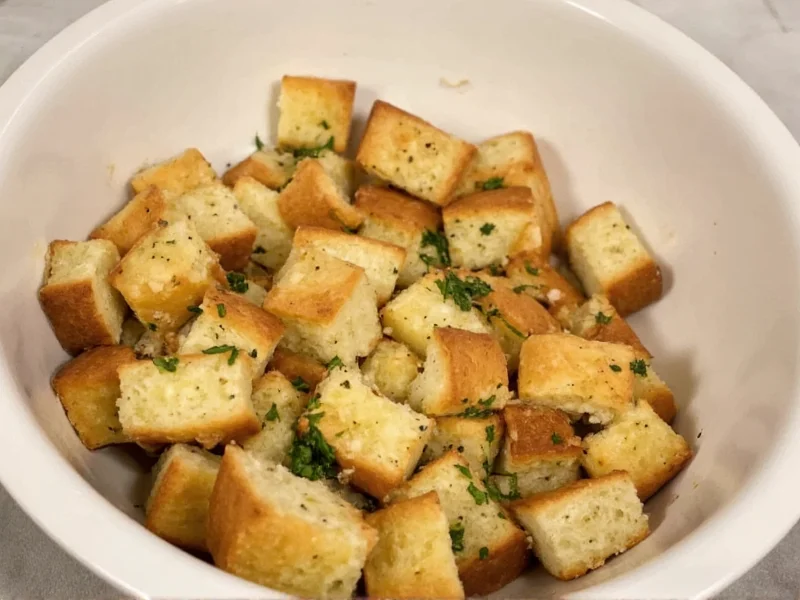 Mixing golden brown bread cubes with herbs in ceramic bowl