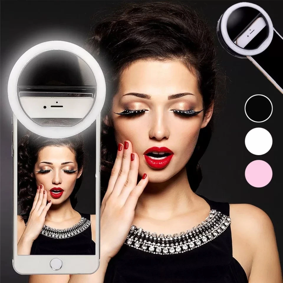 

Rechargeable MINI Portable Smartphone Fill LED Flash Round Clip Beauty Selfie Mobile Ring Light for Cell Phone, White black