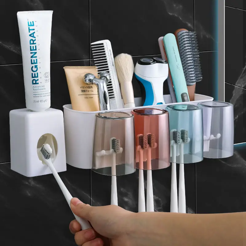 

Multifunctional Free Punchin Tooth Brush Rack Automatic Toothpaste Dispenser Toothbrush Holder Wall Mounted, White