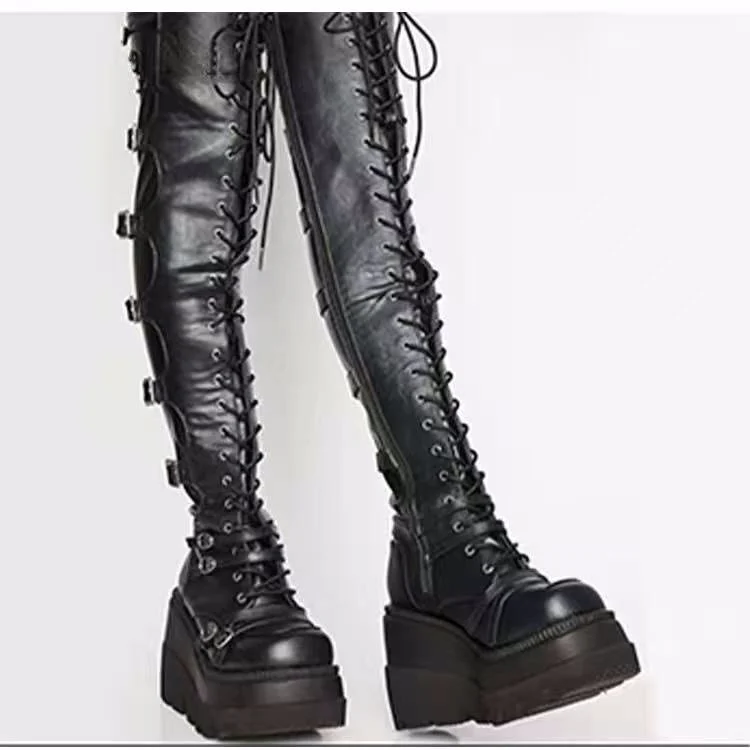 

European Wedge Heels Motorcycle Belt Buckle Waterproof Platform Fashion Long Thigh High Leather Women Boots, Black