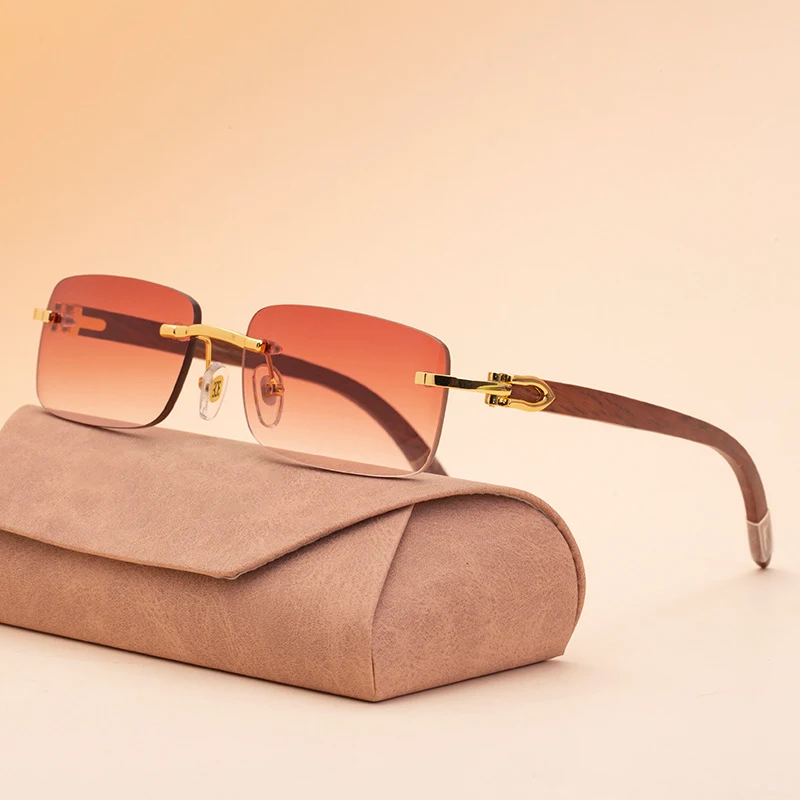 

Luxury Brand Fashion Small Rectangle Rimless Gold Frame and Wood Sunglasses for Men Women Carter Real Wooden Sun Glasses