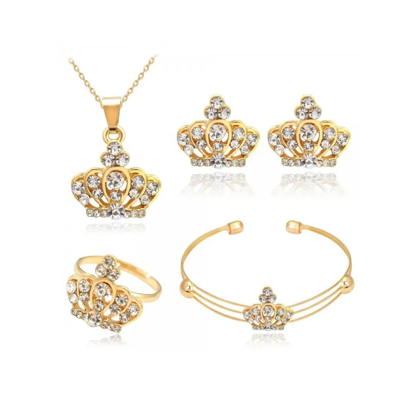 

4 Pcs/ Set Cute Crown Necklace Earrings Sets Jewelry Crystal Women Lovely Gold Color Jewelry Sets
