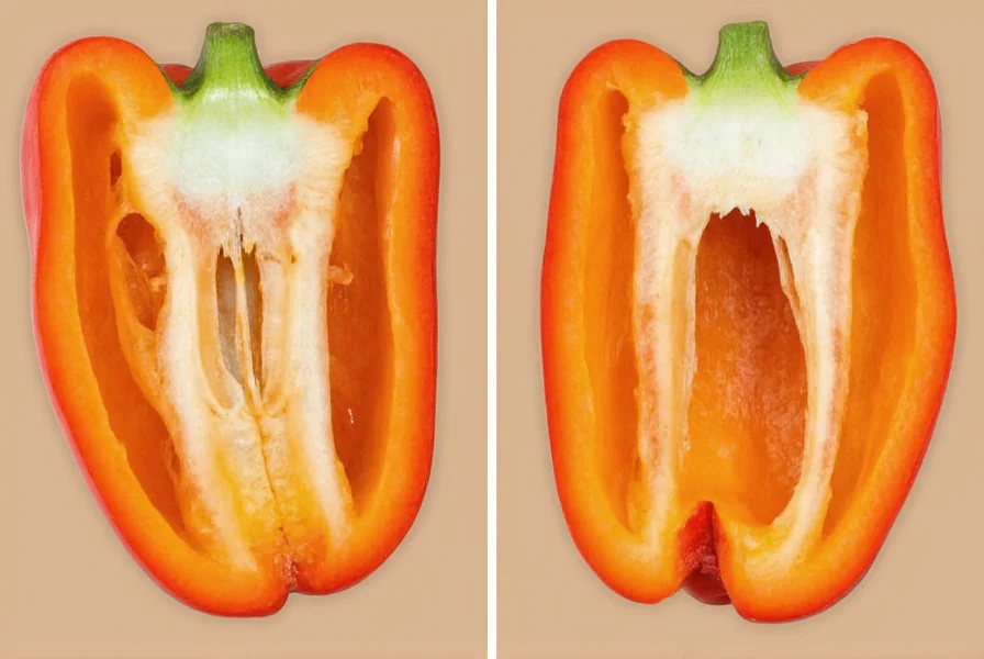 Comparison of bell pepper halves with seeds removed versus seeds intact for cooking purposes
